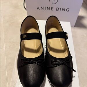 Anine Bing Black Leather Flats with Bow